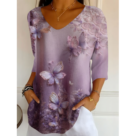 Women Butterfly Three Quarter Sleeve Tee T-shirt V Neck Printing Casual Graphic Tee Spring/Fall Top