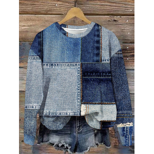 Women Faux Denim Print Graphic Crew Neck Printing Casual Spring/Fall Long Sleeve Sweatshirt