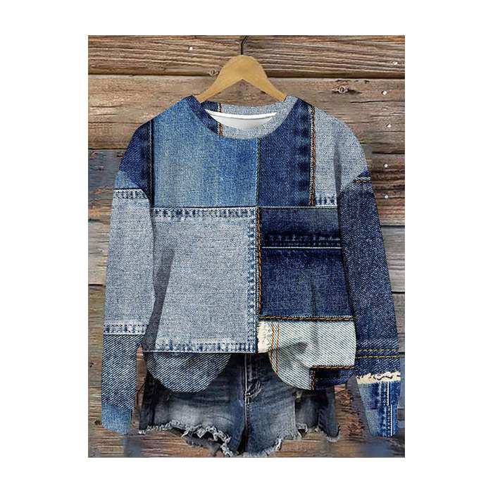 Women Faux Denim Print Graphic Crew Neck Printing Casual Spring/Fall Long Sleeve Sweatshirt