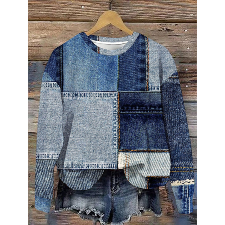 Women Faux Denim Print Graphic Crew Neck Printing Casual Spring/Fall Long Sleeve Sweatshirt