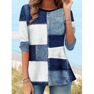 Women Faux Denim Print Graphic Long Sleeve Tee T-shirt Crew Neck Printing Casual Tunic Spring/Fall Top