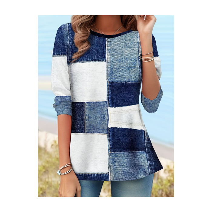 Women Faux Denim Print Graphic Long Sleeve Tee T-shirt Crew Neck Printing Casual Tunic Spring/Fall Top