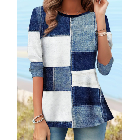 Women Faux Denim Print Graphic Long Sleeve Tee T-shirt Crew Neck Printing Casual Tunic Spring/Fall Top