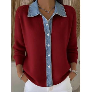 Women Multicolor Block Printed Long Sleeve Shawl Collar Casual Spring/Fall Cardigan Outerwear