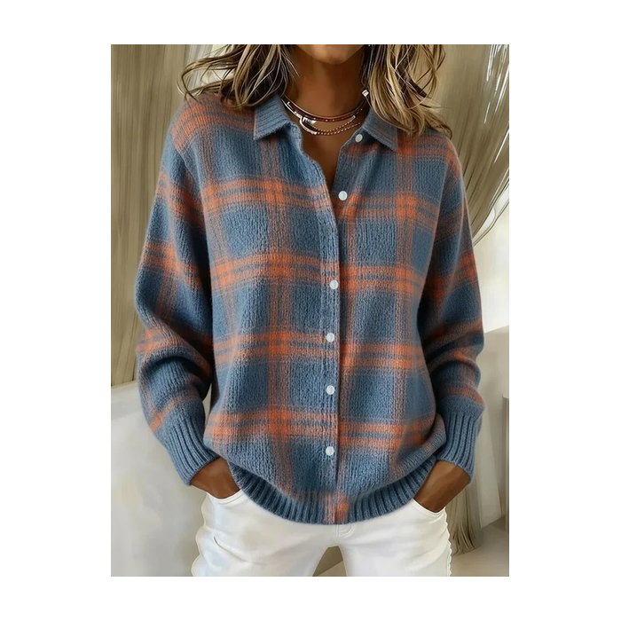 Women Plaid Printing Long Sleeve Shawl Collar Vintage Spring/Fall Cardigan Outerwear