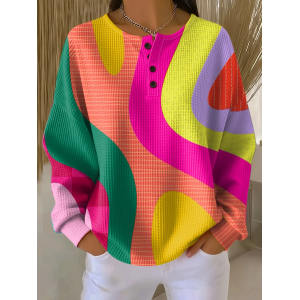 Women Multicolor Block Crew Neck Printing Casual Spring/Fall Long Sleeve Sweatshirt