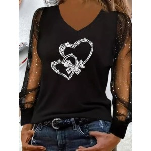 Women Heart/Cordate Long Sleeve Tee T-shirt V Neck Party Spring/Fall Top