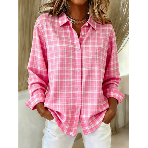 Women Plaid Shirt Collar Long Sleeve Shirt Buckle Regular Sleeve Casual Daily Spring/Fall Top