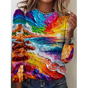 Women Abstract Long Sleeve Tee T-shirt Crew Neck Printing Casual Graphic Tee Spring/Fall Top