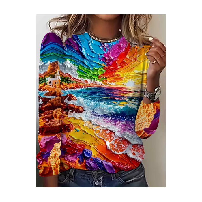 Women Abstract Long Sleeve Tee T-shirt Crew Neck Printing Casual Graphic Tee Spring/Fall Top
