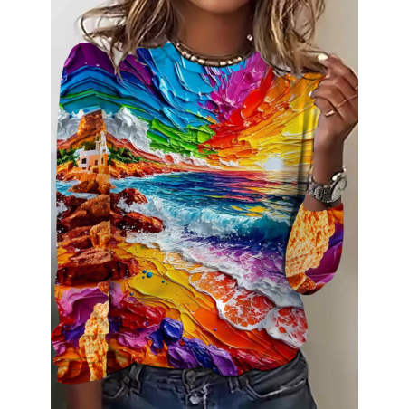 Women Abstract Long Sleeve Tee T-shirt Crew Neck Printing Casual Graphic Tee Spring/Fall Top
