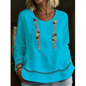 Women Floral Crew Neck Long Sleeve Shirt Embroidery Casual Daily Spring/Fall Top