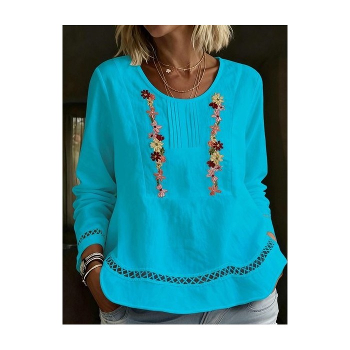 Women Floral Crew Neck Long Sleeve Shirt Embroidery Casual Daily Spring/Fall Top