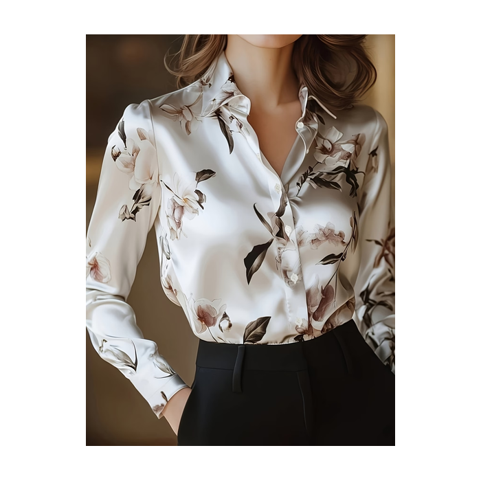 Women Floral Shawl Collar Long Sleeve Shirt Casual Daily Spring/Fall Top
