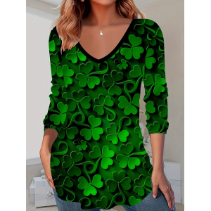 Women Shamrock Long Sleeve Tee T-shirt V Neck Printing Casual Graphic Tee Spring/Fall Top