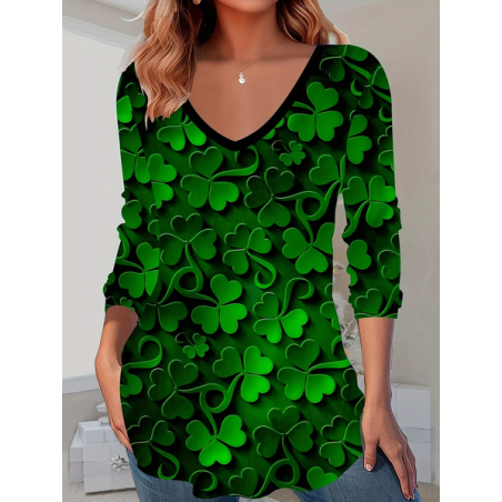 Women Shamrock Long Sleeve Tee T-shirt V Neck Printing Casual Graphic Tee Spring/Fall Top