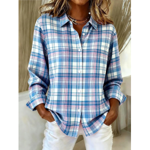 Women Plaid Shirt Collar Long Sleeve Shirt Buckle Regular Sleeve Casual Daily Spring/Fall Top