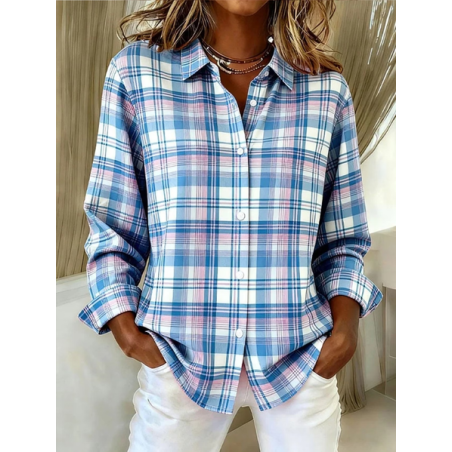 Women Plaid Shirt Collar Long Sleeve Shirt Buckle Regular Sleeve Casual Daily Spring/Fall Top