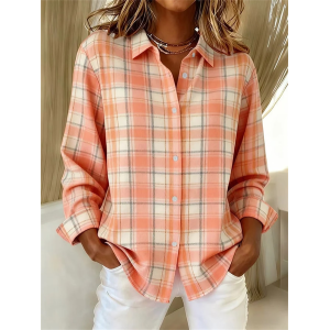 Women Plaid Shirt Collar Long Sleeve Shirt Buckle Regular Sleeve Casual Daily Spring/Fall Top