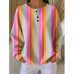 Women Striped Crew Neck Printing Casual Spring/Fall Long Sleeve Sweatshirt