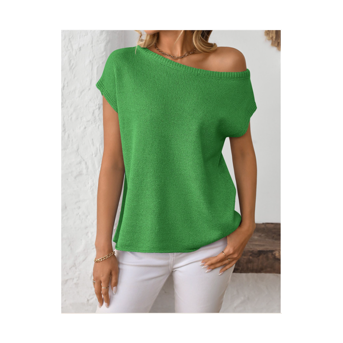 Women's knitwear Y2K summer knit sweater curved beaded ice silk fabric knitted pullover oblique shoulder round neck top