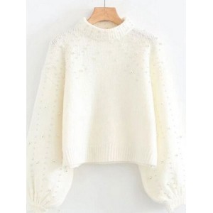 Women Plain Beaded Winter Street Balloon Sleeve Long Sleeve Mock Neck Cotton-Blend Sweater