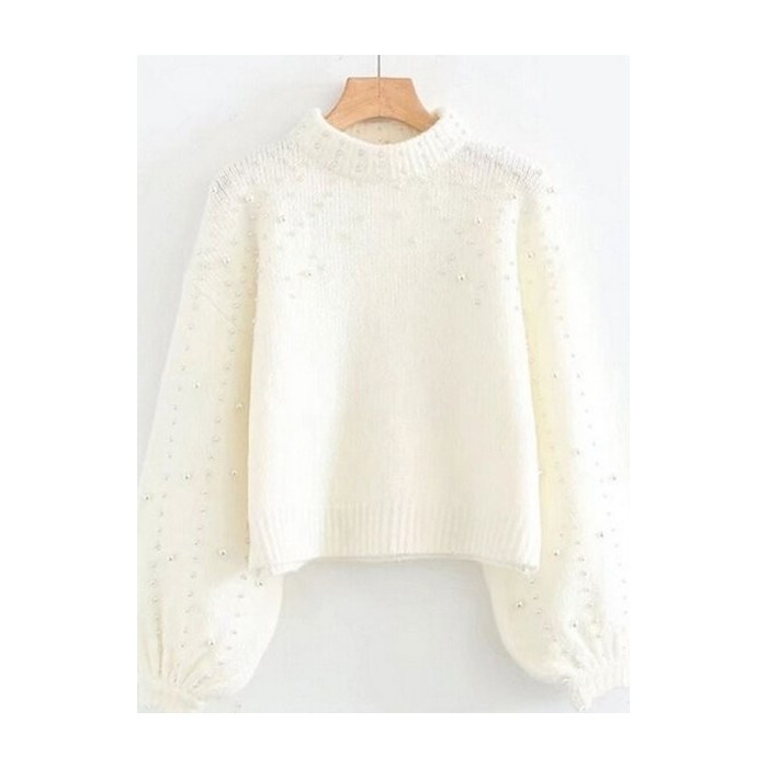 Women Plain Beaded Winter Street Balloon Sleeve Long Sleeve Mock Neck Cotton-Blend Sweater