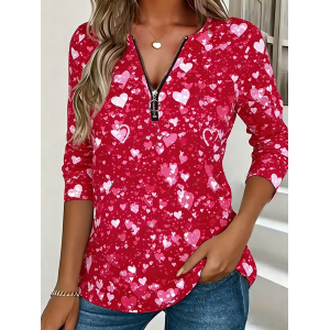 Women Heart/Cordate Long Sleeve Tee T-shirt V Neck Zipper Vintage Spring/Fall Top