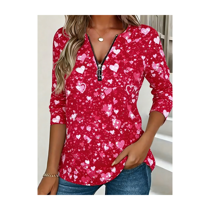Women Heart/Cordate Long Sleeve Tee T-shirt V Neck Zipper Vintage Spring/Fall Top