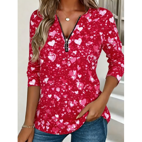 Women Heart/Cordate Long Sleeve Tee T-shirt V Neck Zipper Vintage Spring/Fall Top