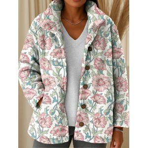 Women Flannel Vintage Geometric Long Sleeve Winter Fleece Coat Outerwear