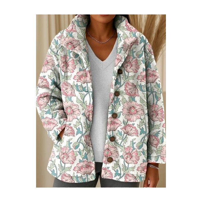 Women Flannel Vintage Geometric Long Sleeve Winter Fleece Coat Outerwear