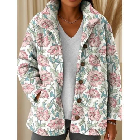 Women Flannel Vintage Geometric Long Sleeve Winter Fleece Coat Outerwear