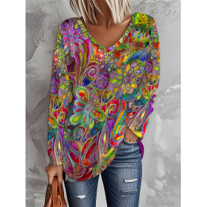 Women Abstract Long Sleeve Tee T-shirt V Neck Printing Casual Graphic Tee Spring/Fall Top
