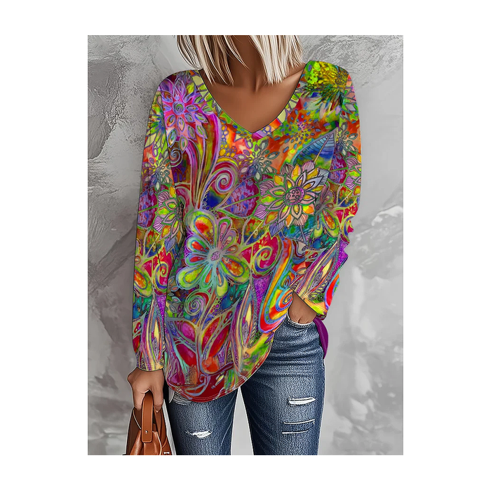 Women Abstract Long Sleeve Tee T-shirt V Neck Printing Casual Graphic Tee Spring/Fall Top