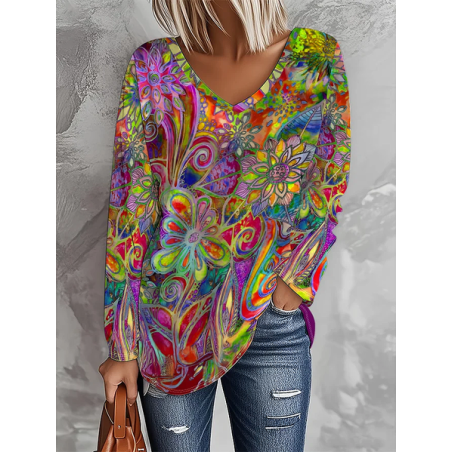 Women Abstract Long Sleeve Tee T-shirt V Neck Printing Casual Graphic Tee Spring/Fall Top