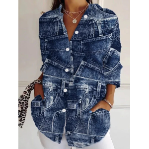 Women Faux Denim Print Graphic Shirt Collar Long Sleeve Shirt Buckle Regular Sleeve Casual Daily Spring/Fall Top