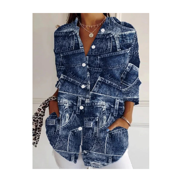 Women Faux Denim Print Graphic Shirt Collar Long Sleeve Shirt Buckle Regular Sleeve Casual Daily Spring/Fall Top
