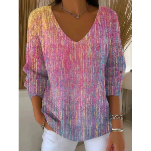Women Abstract Long Sleeve Tee T-shirt V Neck Printing Casual Spring/Fall Top