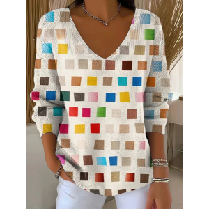 Women Abstract Long Sleeve Tee T-shirt V Neck Printing Casual Spring/Fall Top