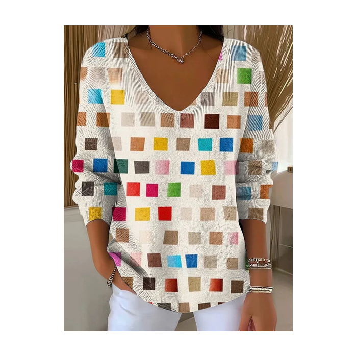 Women Abstract Long Sleeve Tee T-shirt V Neck Printing Casual Spring/Fall Top