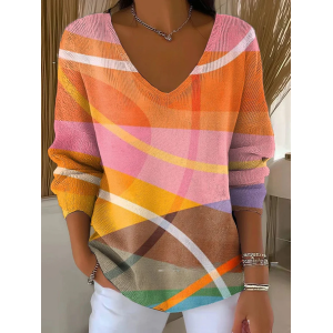 Women Abstract Long Sleeve Tee T-shirt V Neck Printing Casual Spring/Fall Top