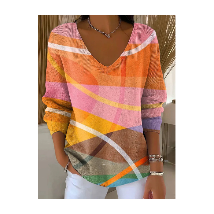 Women Abstract Long Sleeve Tee T-shirt V Neck Printing Casual Spring/Fall Top