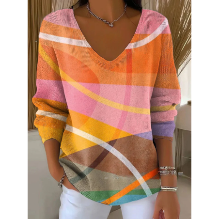 Women Abstract Long Sleeve Tee T-shirt V Neck Printing Casual Spring/Fall Top