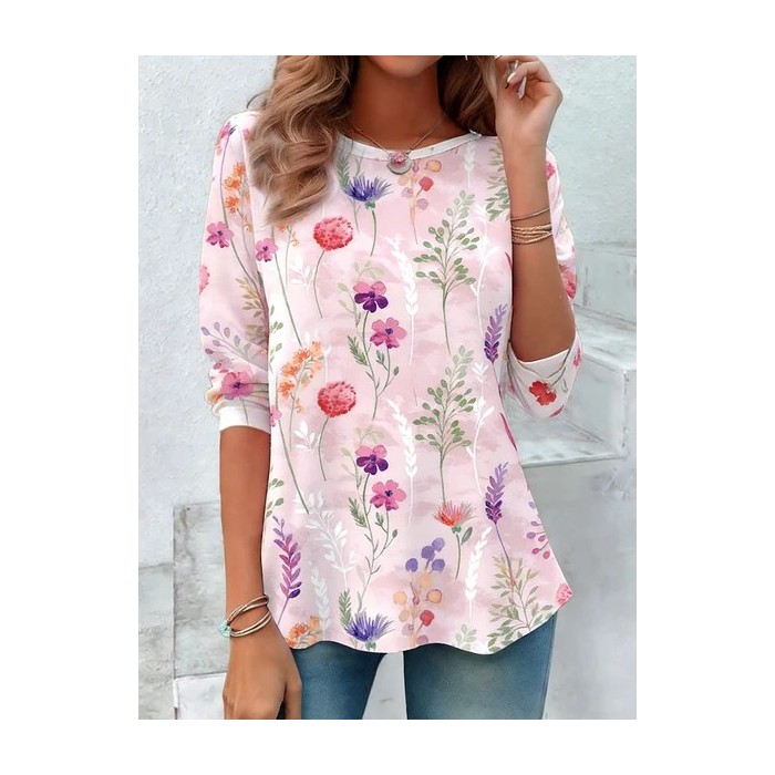 Women Floral Long Sleeve Tee T-shirt Crew Neck Elegant Spring/Fall Top