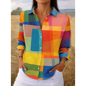 Women Abstract Shirt Collar Long Sleeve Shirt Buckle Regular Sleeve Casual Daily Spring/Fall Top