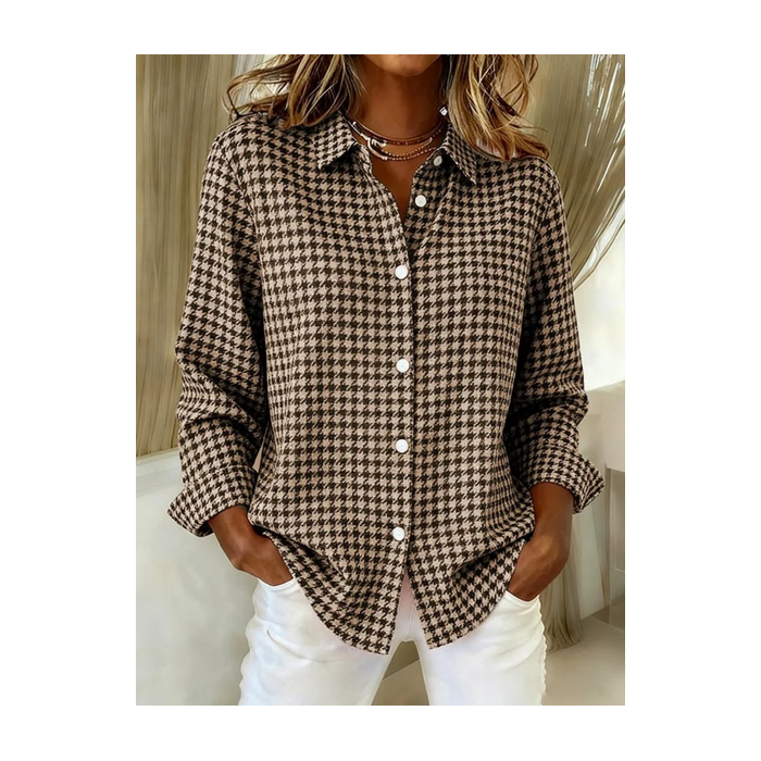 Women Houndstooth Shirt Collar Long Sleeve Shirt Buckle Regular Sleeve Casual Daily Spring/Fall Top
