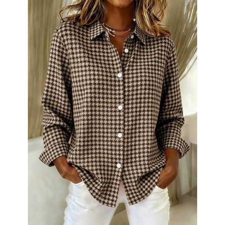 Women Houndstooth Shirt Collar Long Sleeve Shirt Buckle Regular Sleeve Casual Daily Spring/Fall Top