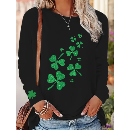 Women Shamrock Long Sleeve Tee T-shirt Crew Neck Printing Casual Graphic Tee Spring/Fall Top