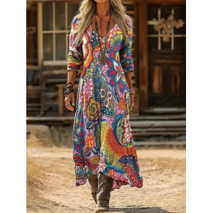 Women Floral Long Sleeve V Neck Printing Dress Daily Vintage Maxi H-Line Spring/Fall Dress